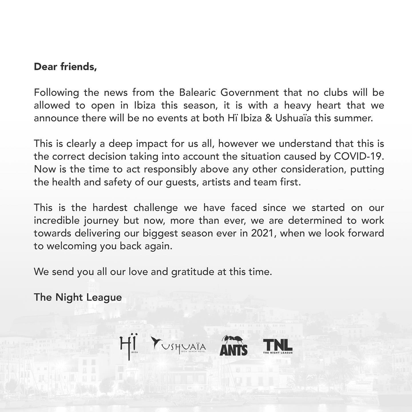 Ushuaia Ibiza Hi Ibiza The Night League Announce The Cancellation Of All The Events Planned In Summer Ibiza By Night