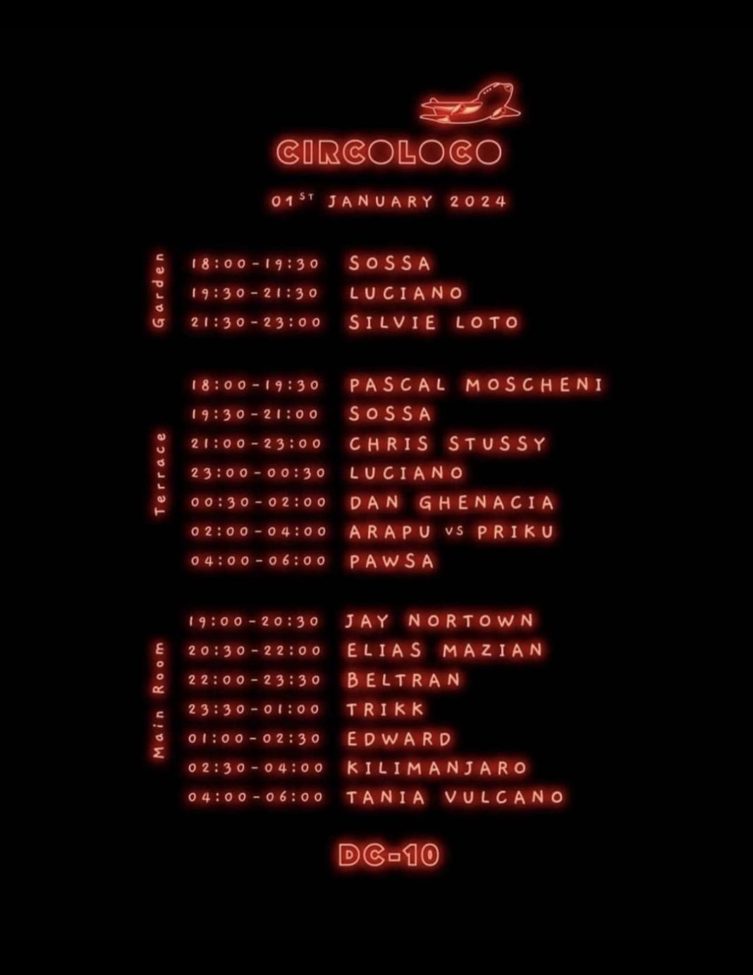 1st January 2024 Circoloco at DC10 the set times! by night